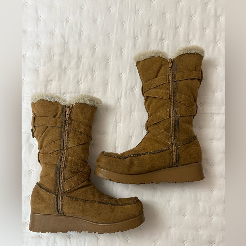 Vintage 90s No Boundaries Platform Boots Size 7 Fur Trimmed Strappy Fall Rare - Picture 14 of 16